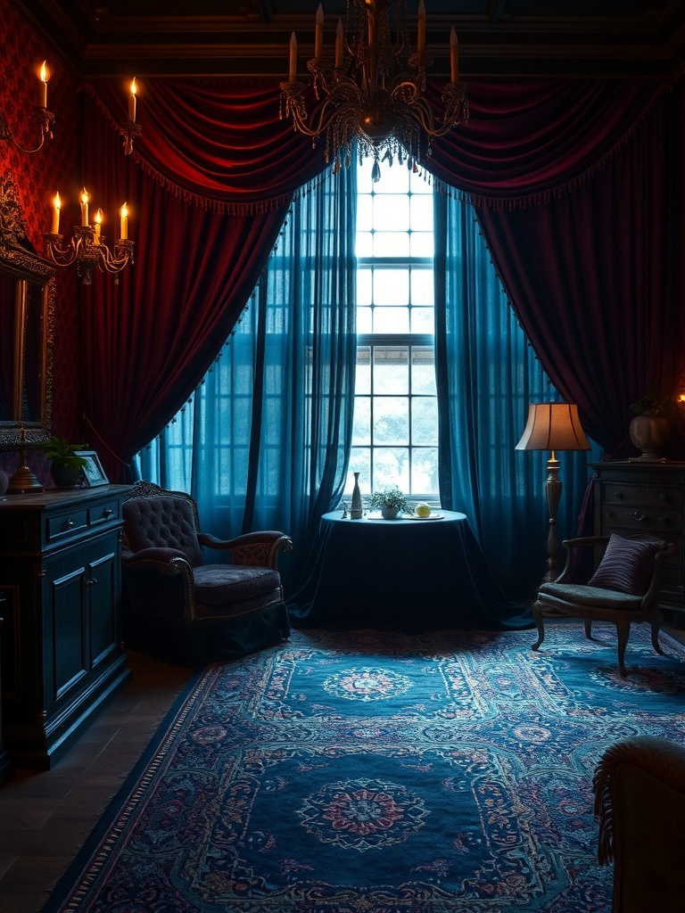 16 Unique Gothic Western Home Decor Finds 8 A cozy room featuring rich jewel tones with dark red drapes, blue curtains, and vintage furniture.