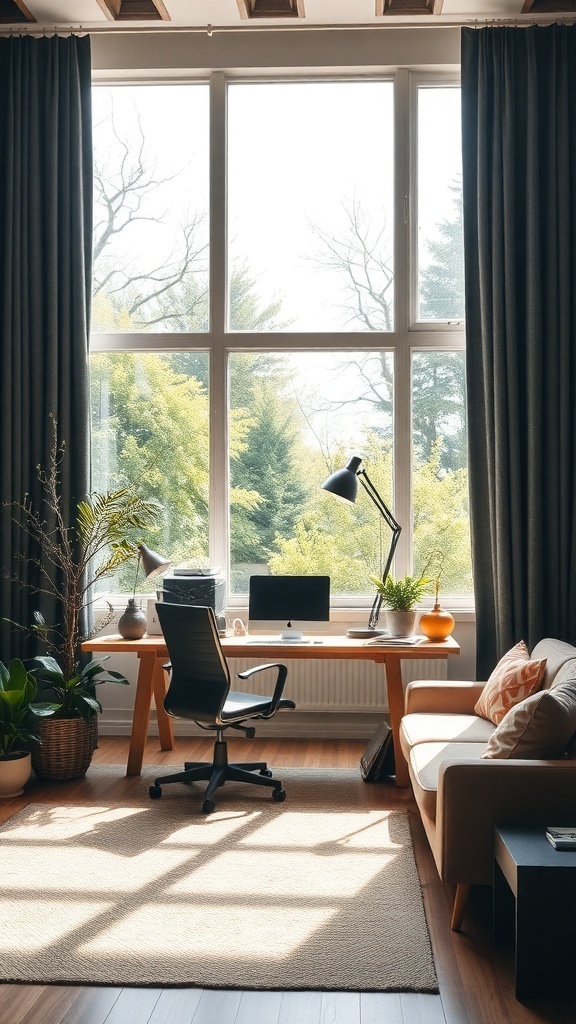 A bright home office with large windows, dark curtains, plants, and a cozy chair.