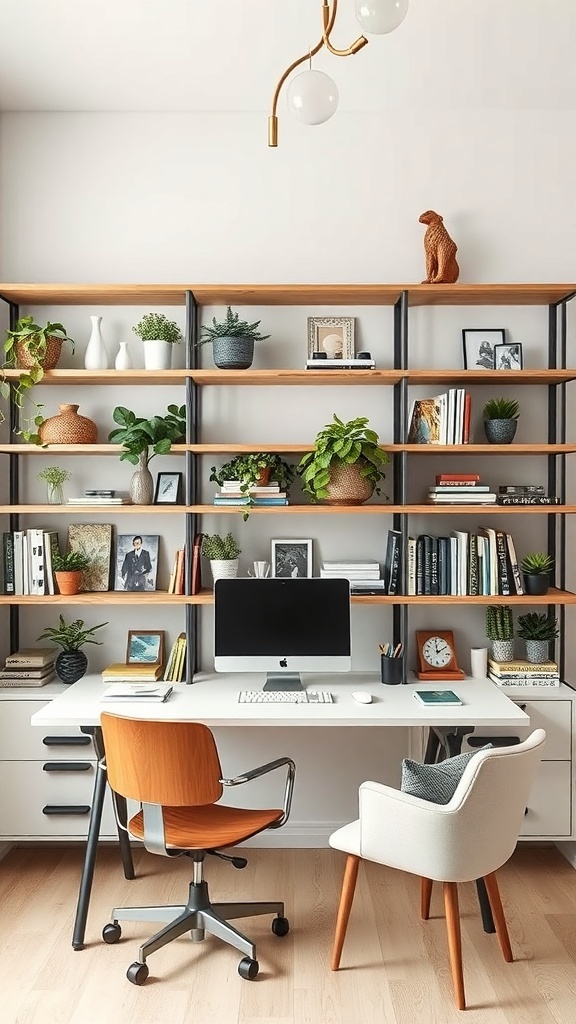 A modern home office with functional shelving, featuring plants, books, and decorative items.