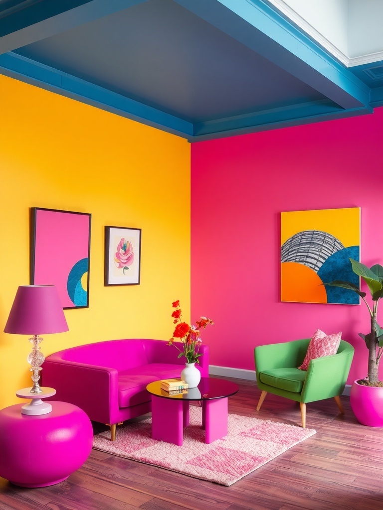 10 Home Decor Trends to Watch in 2025 2 A vibrant living room with pink and yellow walls, blue ceiling, and colorful furniture.
