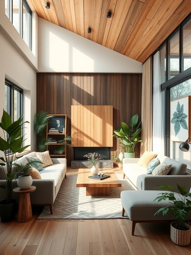 10 Home Decor Trends to Watch in 2025 1 A modern living room featuring wooden walls and ceiling, large windows, and plants, showcasing sustainable materials in home decor.