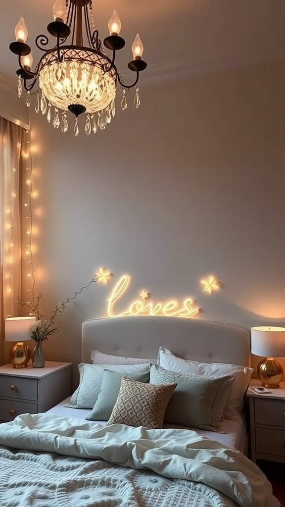 A cozy bedroom with a chandelier, neon sign saying 'loves', and soft lighting from table lamps.
