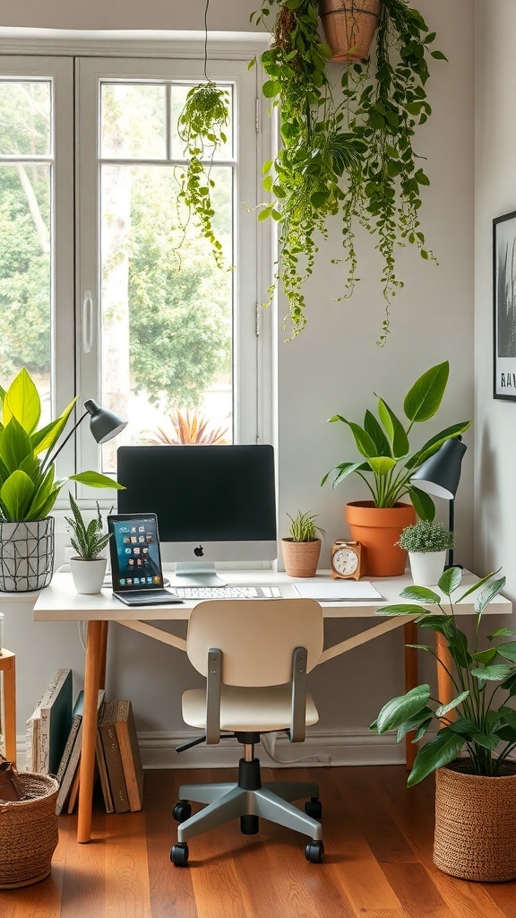 A bright home office with various plants, a desk, and a computer.