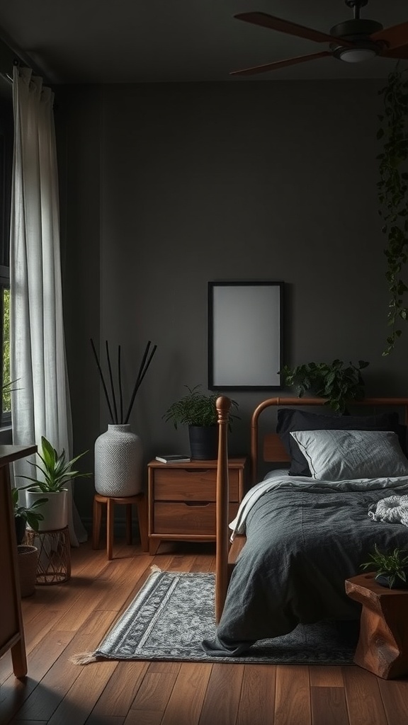 A cozy bedroom featuring wooden furniture, plants, and soft textiles, creating a warm and inviting atmosphere.