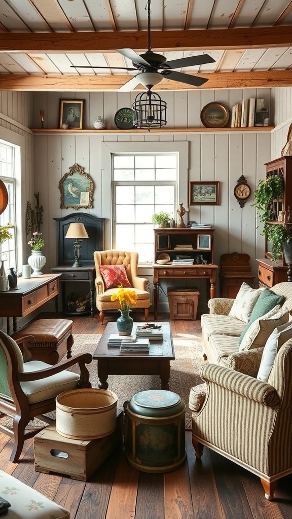 A cozy farmhouse living room featuring vintage furniture, including a yellow armchair, striped sofa, and wooden tables.
