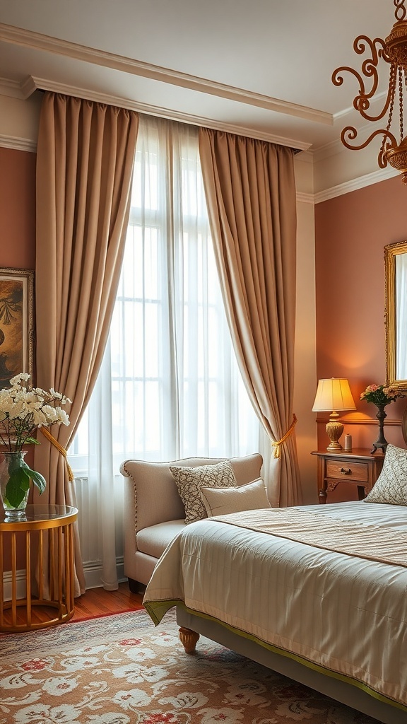 A cozy bedroom featuring light beige curtains, peach walls, and elegant decor.