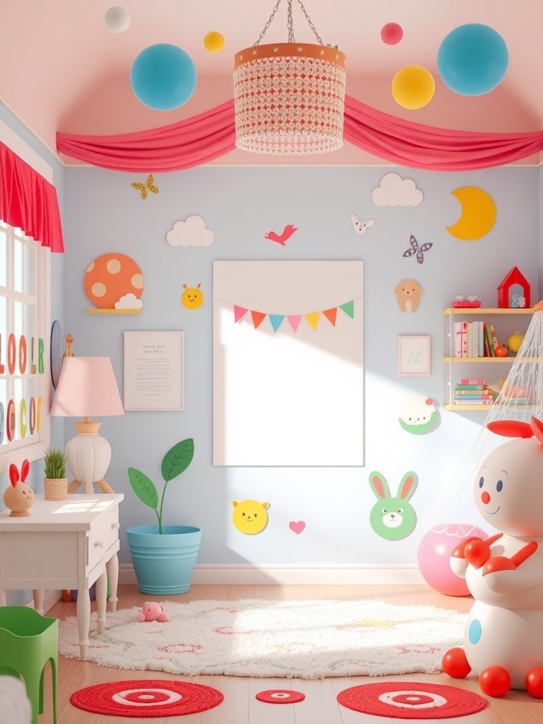 14 Whimsical Home Decor Items to Spark Your Imagination 13 A colorful children's room with playful decorations, balloons, and cheerful furniture.