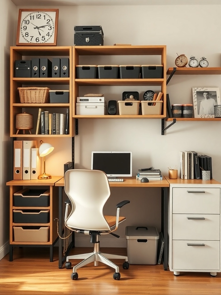 9 Inspiring Home Office Layout Ideas for Maximum Productivity 7 A well-organized home office with shelves, a desk, and a comfortable chair.
