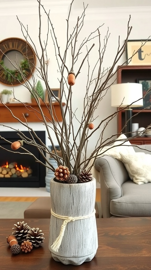 A decorative arrangement of twigs and pinecones in a rustic vase on a coffee table.