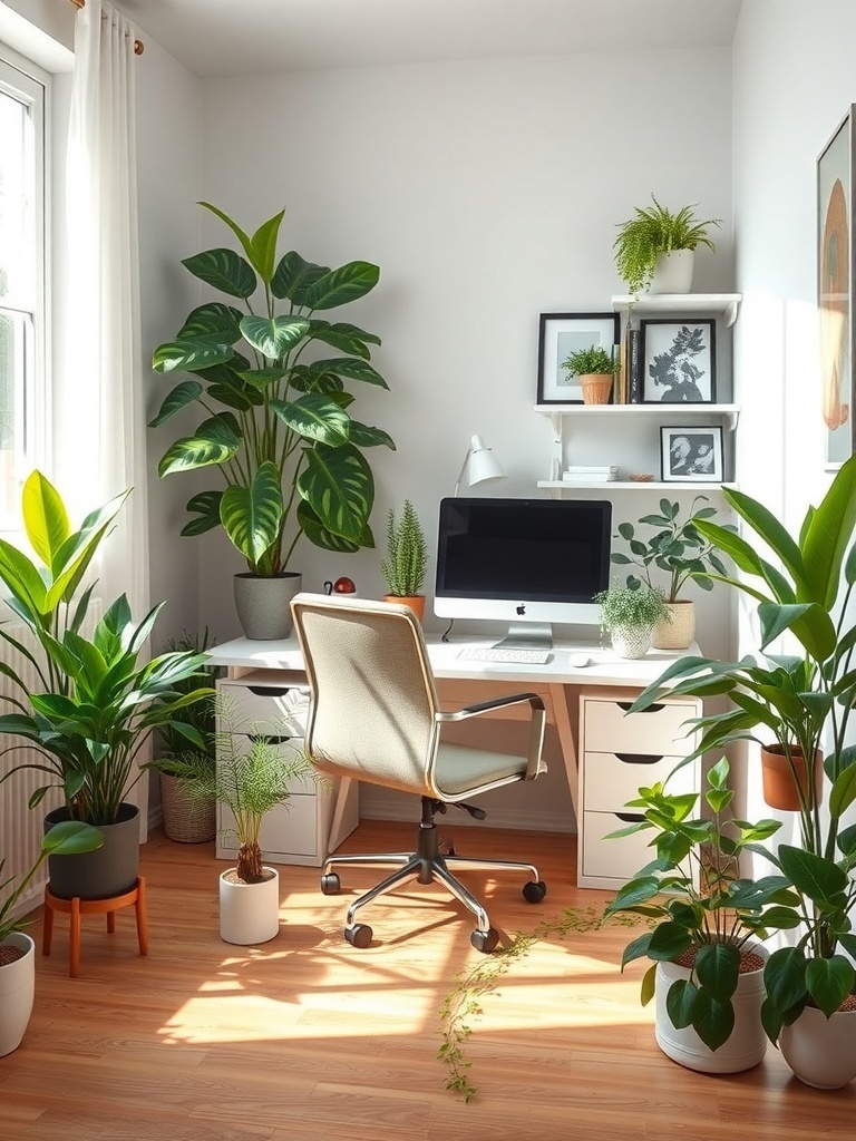 A bright home office with a desk, computer, and various plants, creating a fresh and inviting atmosphere.