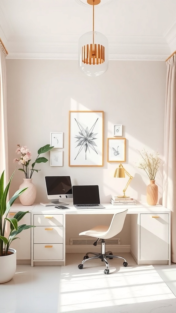 A chic feminine home office with a modern desk, pastel colors, and stylish decor.