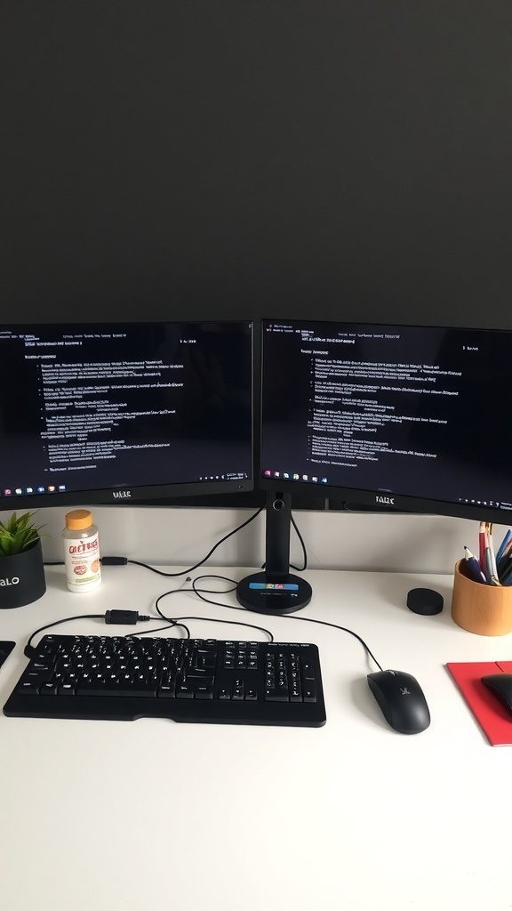 A double monitor setup on a desk with a keyboard, mouse, plant, and other accessories.