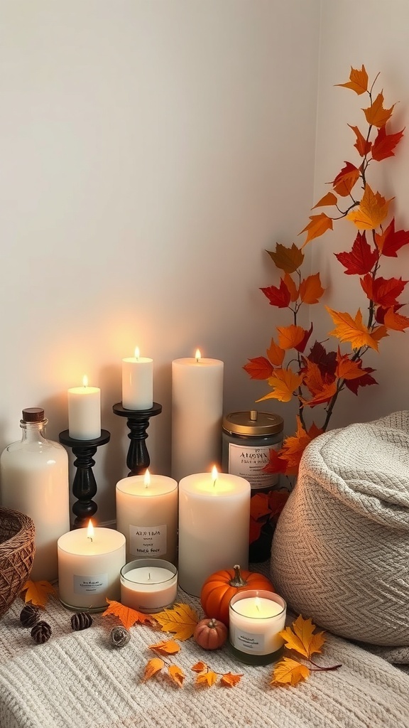 A cozy arrangement of scented candles surrounded by autumn leaves and small pumpkins.