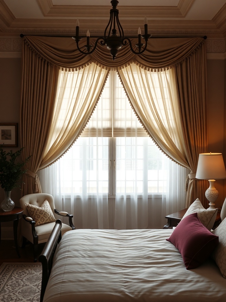 Cozy master bedroom with elegant window treatments and soft lighting
