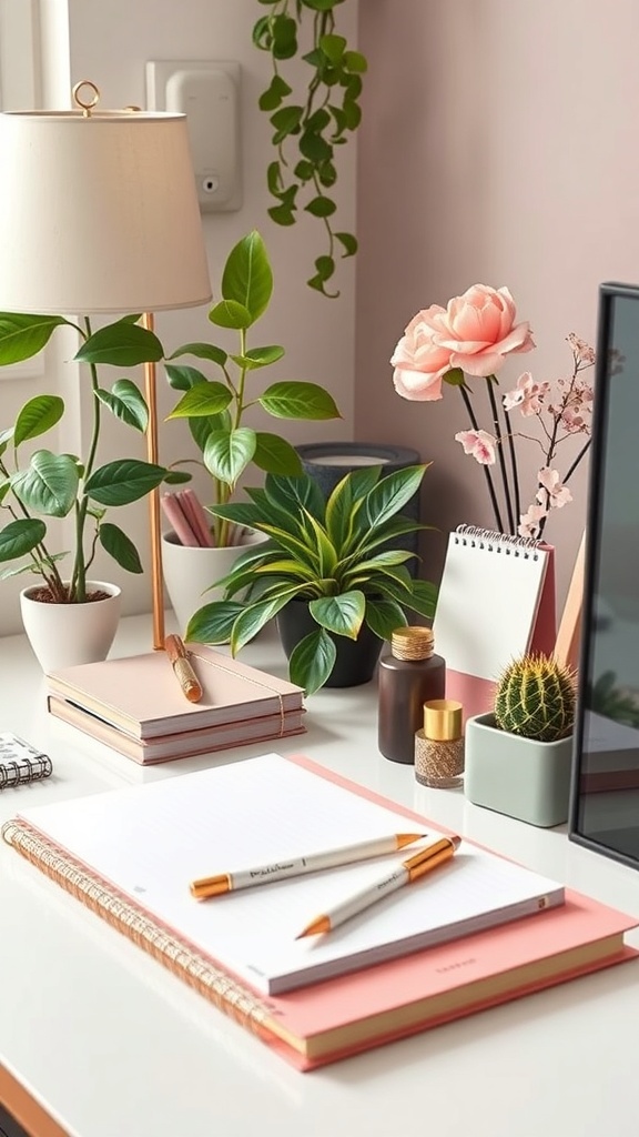A stylish feminine home office desk with plants, notebooks, and a lamp.