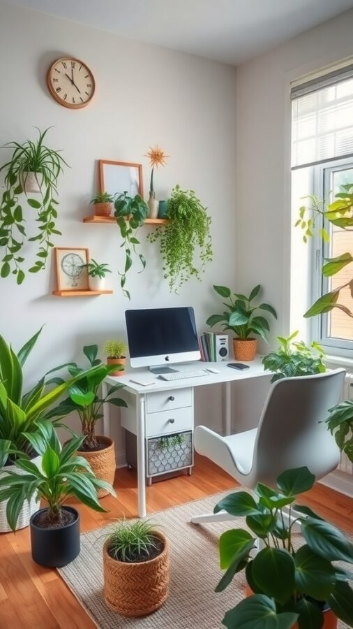 A cozy home office with various green plants, a desk, and a computer.