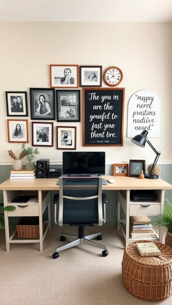 A cozy home office with framed photos, a motivational quote, and a tidy desk setup.