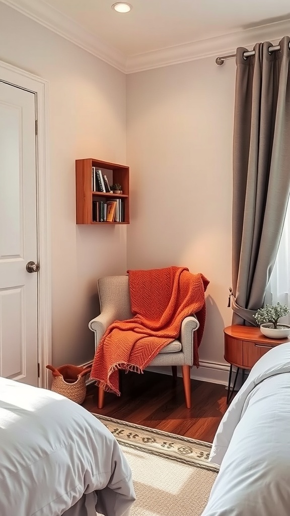 Cozy reading nook in a bedroom featuring a comfortable chair, blanket, and bookshelf.