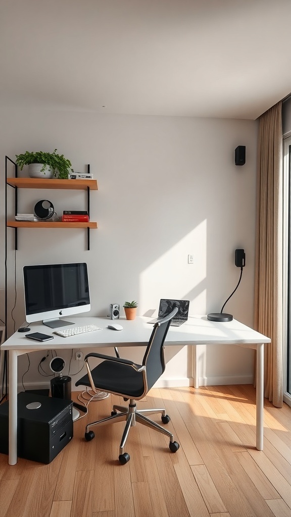 A modern home office setup featuring a sleek desk, computer, and minimalistic decor.