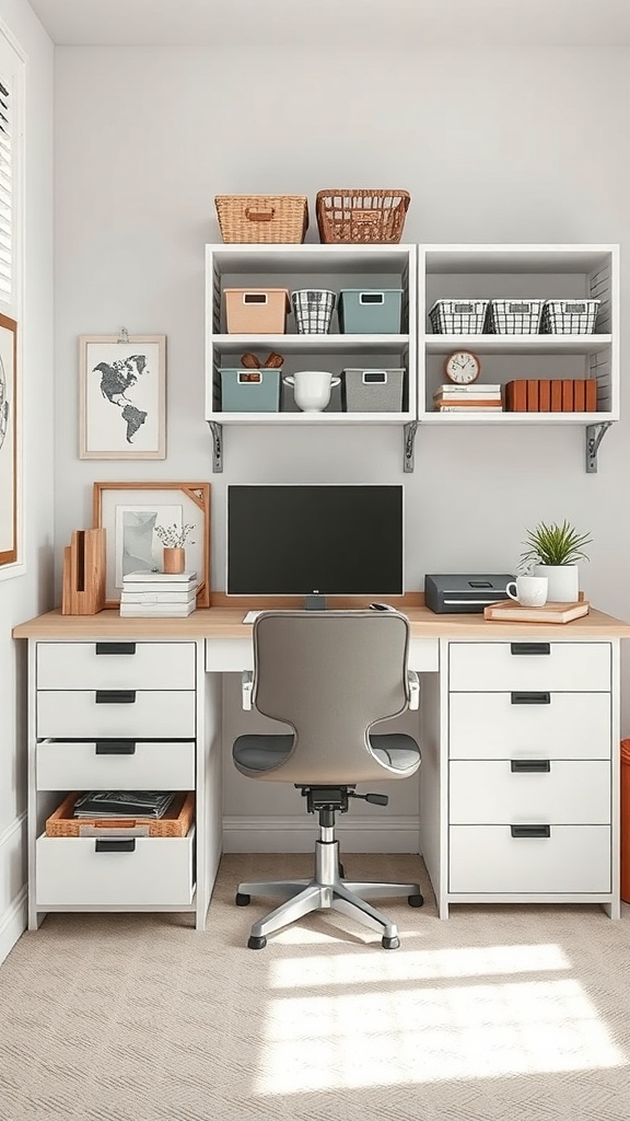 A well-organized home office with a desk, storage drawers, and shelves displaying baskets and decorative items.