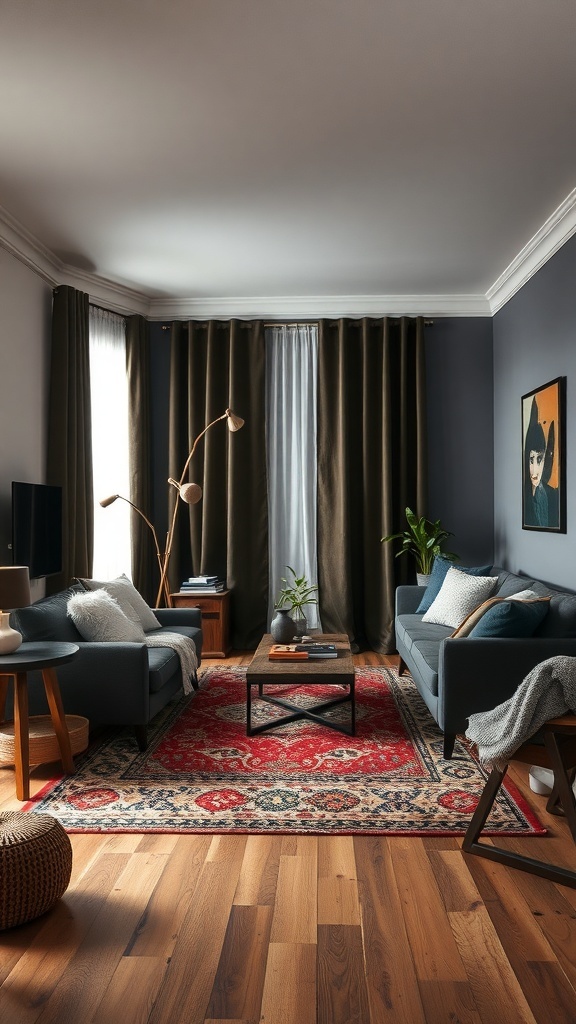 10 Stunning Dark Home Decor Ideas to Transform Your Space 10 A stylish living room featuring dark curtains, a patterned rug, and cozy furniture.