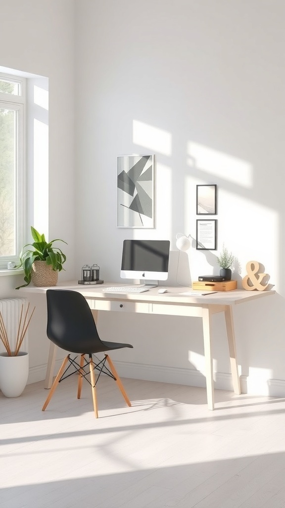 13 Awesome Home Decor Inspo to Transform Your Space 7 A bright Scandinavian inspired workspace featuring a wooden desk, black chair, and plants.