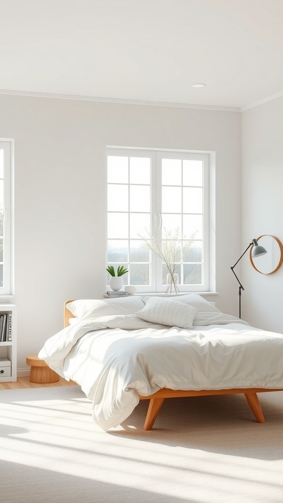 A cozy minimalist bedroom with a bed, large windows, and natural light.