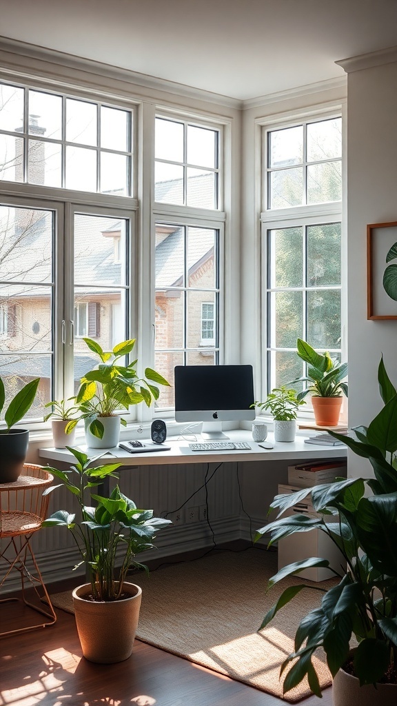 Bright home office with large windows, plants, and a computer desk
