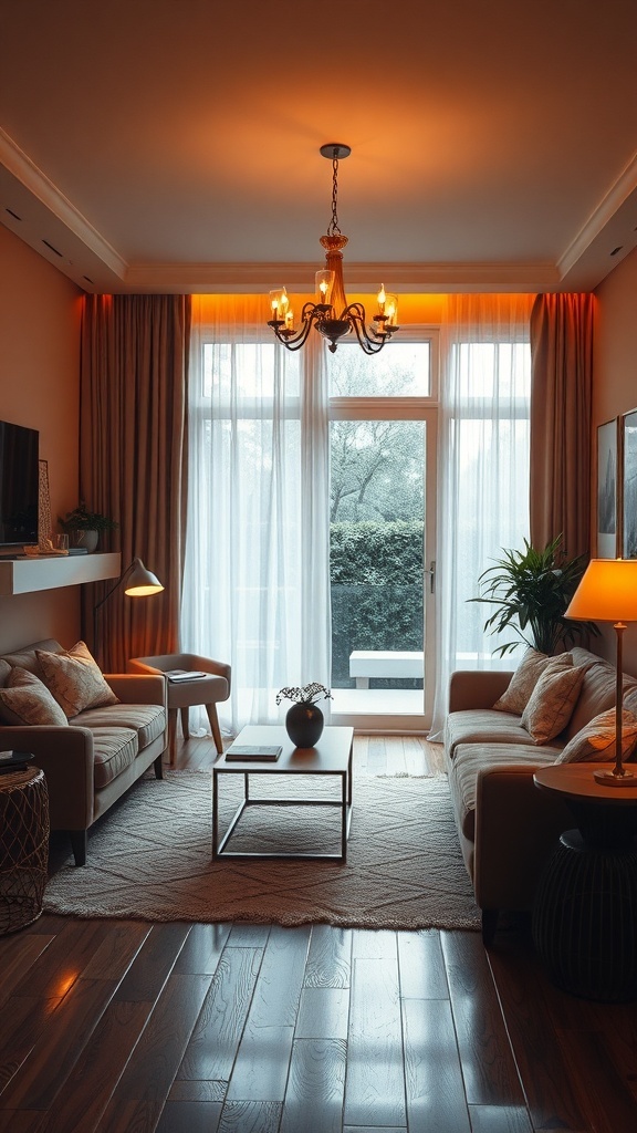 A cozy living room with soft amber lighting, featuring a chandelier and warm decor.