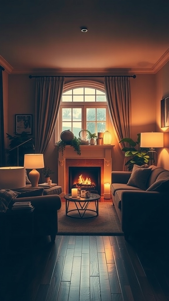 A cozy living room with soft lighting, featuring a fireplace, comfortable seating, and warm colors.