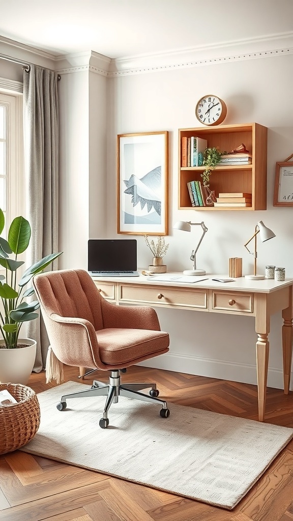 A feminine home office featuring a pink chair, light wood desk, and decorative shelving.
