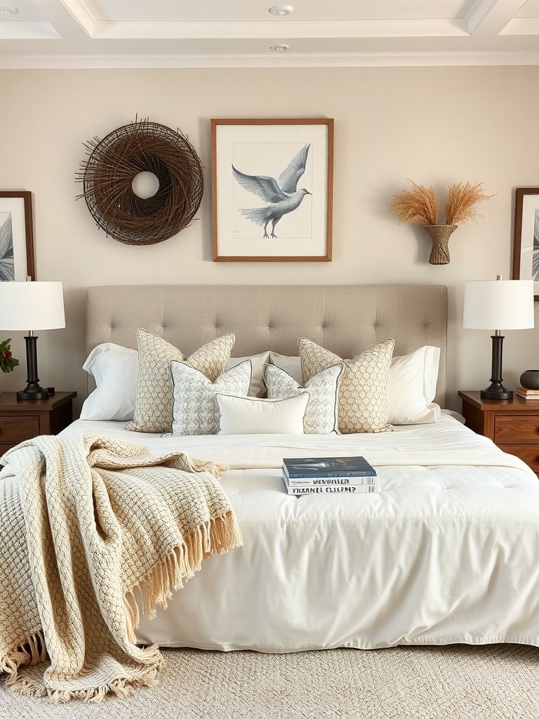 Cozy master bedroom with layered bedding, plush pillows, and warm accessories