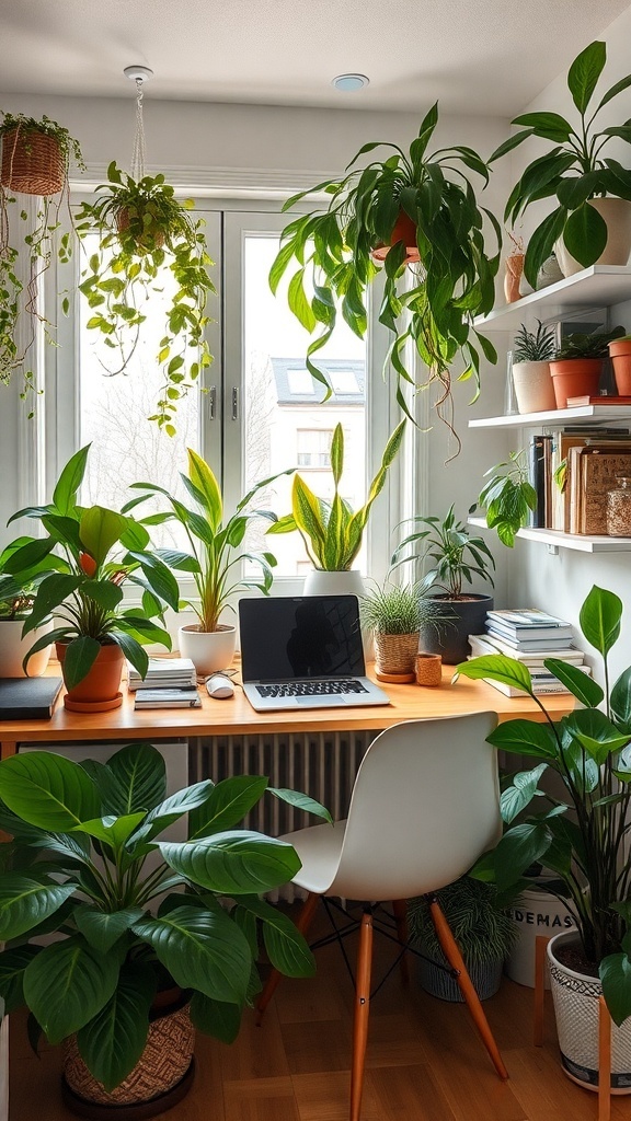 A small home office with various plants, a desk, and a laptop.
