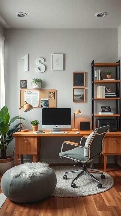A cozy home office with a wooden desk, comfortable chair, and decorative elements.