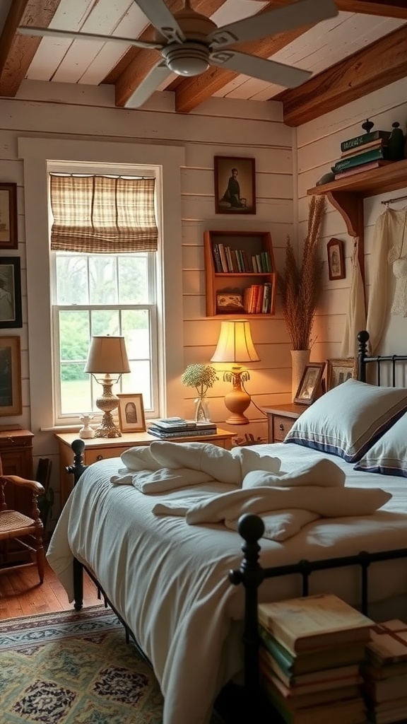 A cozy farmhouse bedroom with vintage decor, featuring wooden beams, a bedside lamp, and framed pictures on the walls.