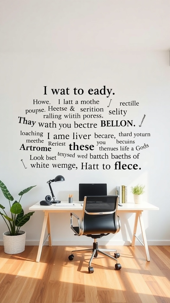 A home office with wall decals featuring playful text, a desk, and a chair.