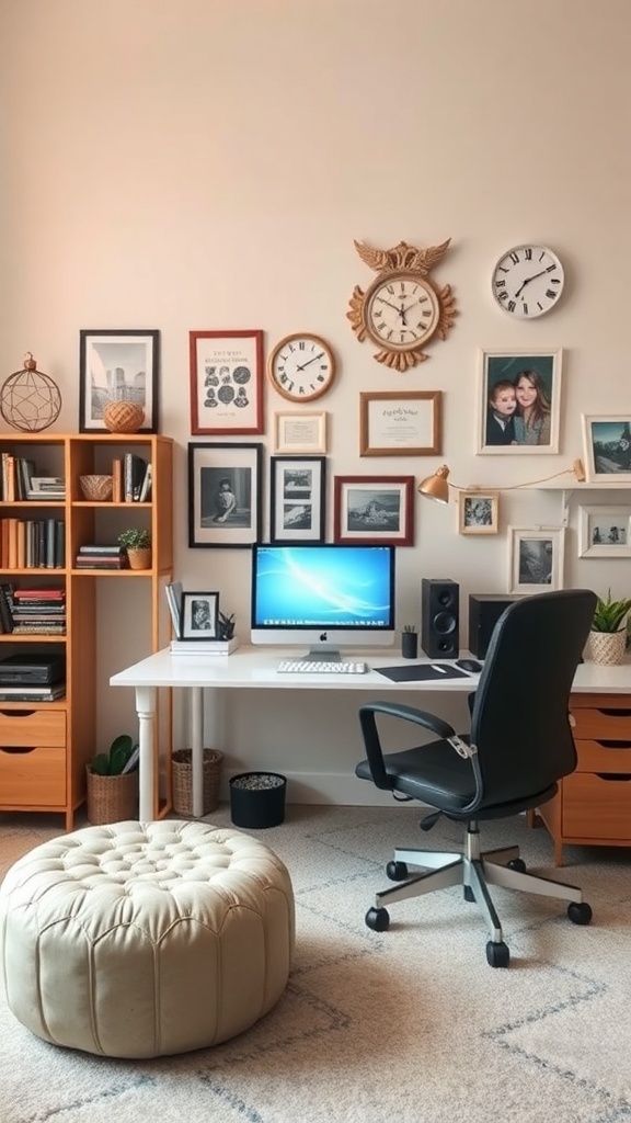 A well-organized home office with a desk, computer, decorative wall art, and a cozy pouf.
