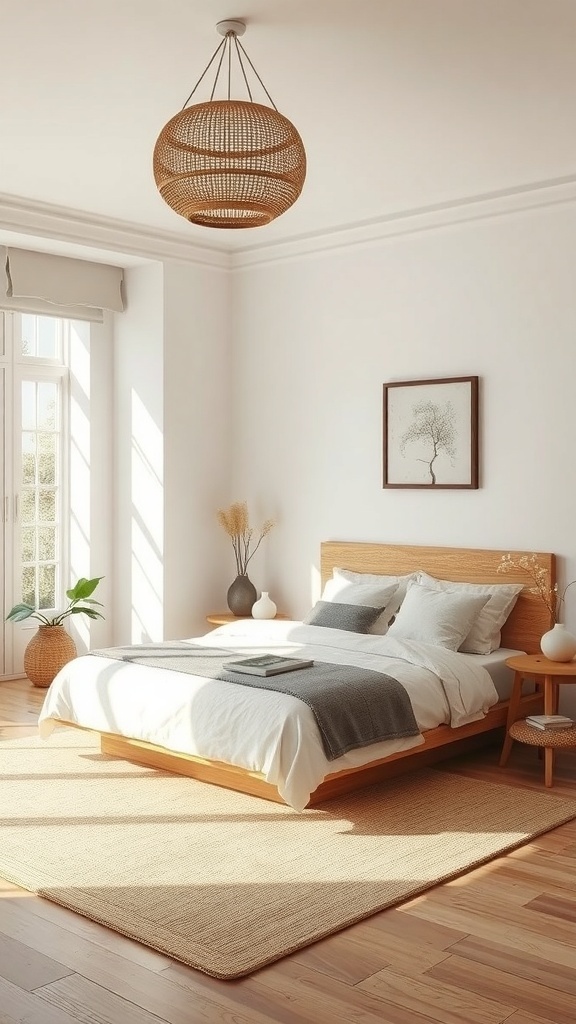 A serene bedroom with wooden furniture, neutral bedding, and natural light.