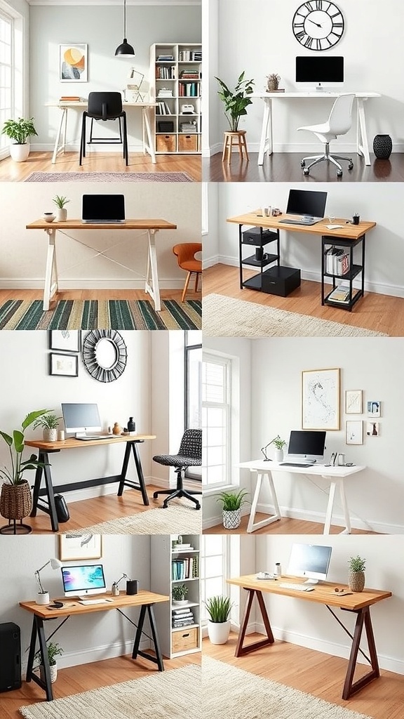 A collage of stylish standing desks in various designs and colors for home office setups.