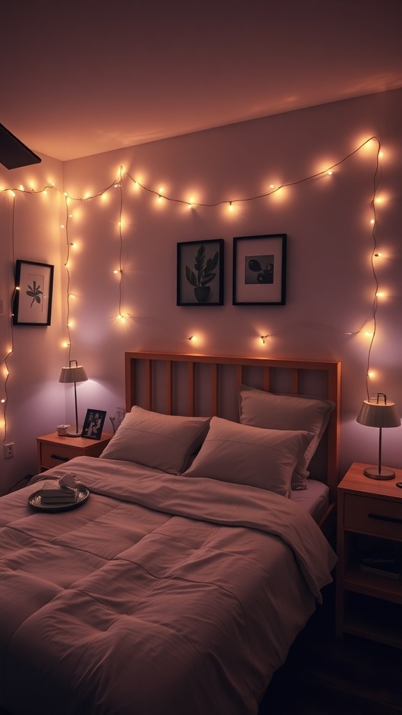 Cozy guest bedroom with warm ambient lighting from string lights and bedside lamps