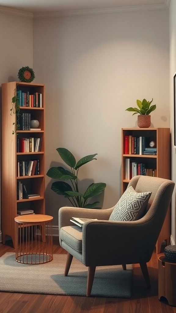 11 Inspiring Home Office Decor Ideas to Boost Your Productivity 9 Cozy reading nook with an armchair, side table, bookshelves, and plants.