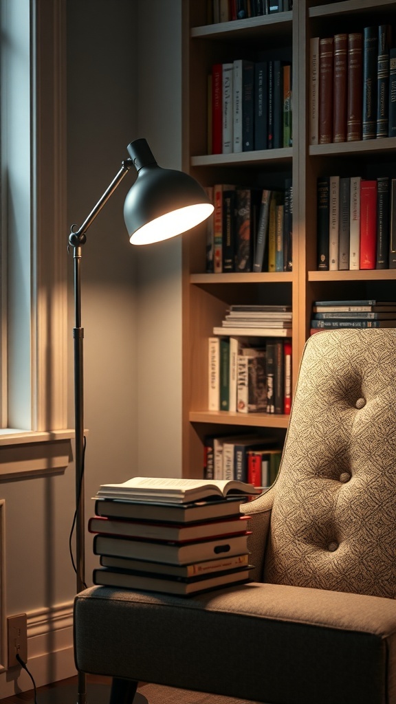 A cozy reading corner with a floor lamp, a comfortable chair, and a stack of books next to a bookshelf.