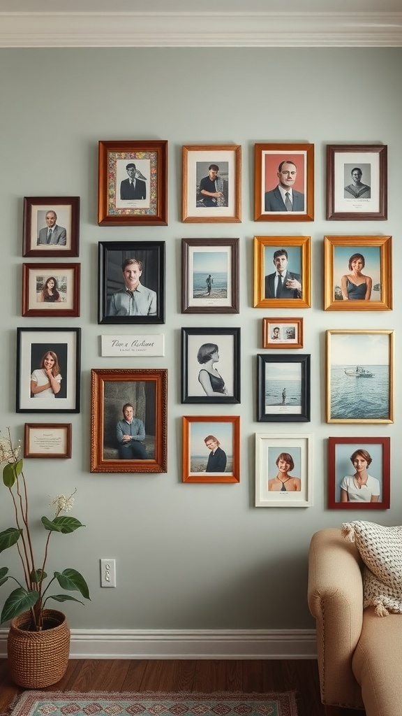 11 Cozy Home Decor Must-Haves for a Warm and Inviting Space 8 A cozy wall art display featuring a variety of framed portraits in different styles, complemented by a plant and a comfortable sofa.