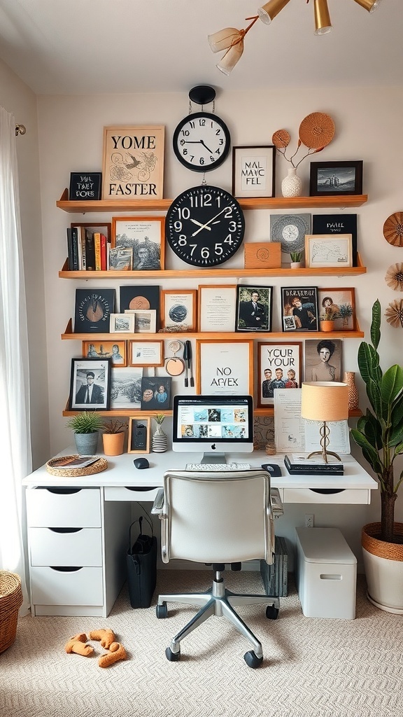 A personalized home office with a desk, computer, wall art, and plants.