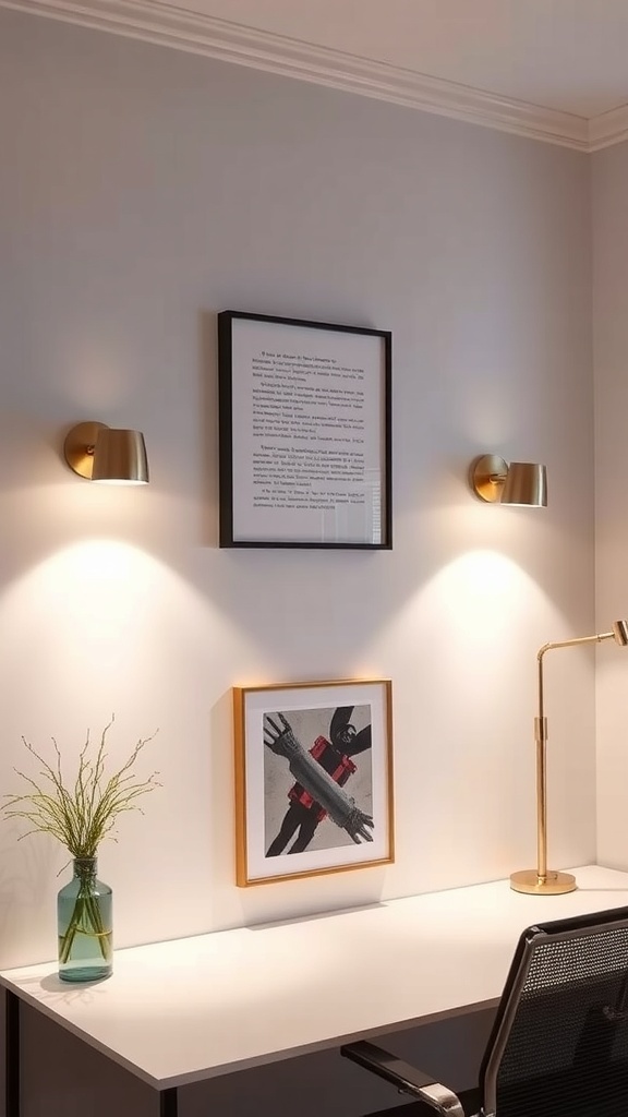 A home office wall with two wall sconces, a framed text, and an artwork piece, creating a cozy workspace.