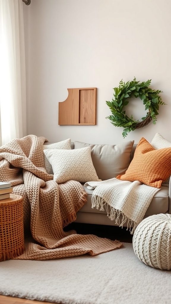 11 Cozy Home Decor Must-Haves for a Warm and Inviting Space 1 A cozy living room with a sofa covered in warm textiles, including blankets and pillows in earthy tones, alongside a knitted pouf and a woven basket.