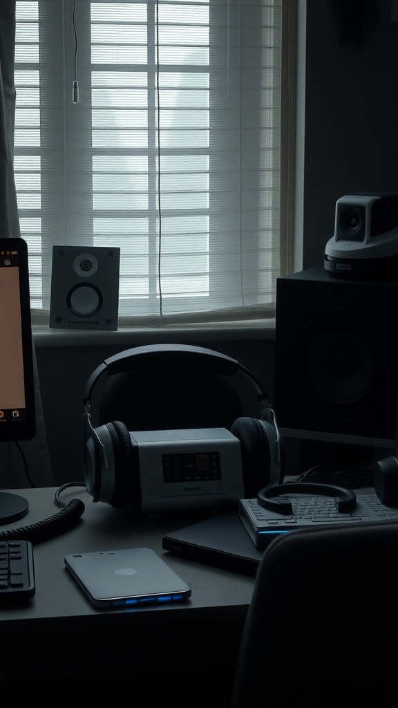 A moody home office setup with headphones, speakers, and a computer.