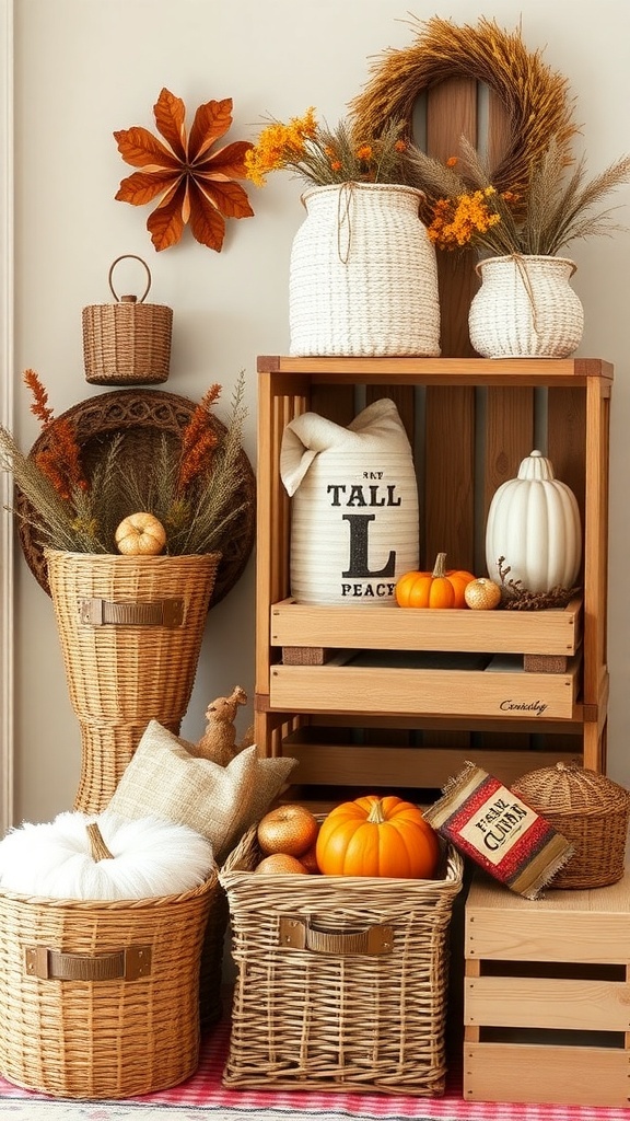 A cozy fall living room decor featuring woven baskets, pumpkins, and dried flowers.