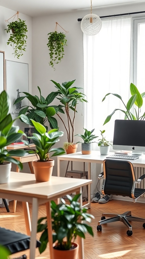A bright home office with various plants, including hanging and potted greenery, creating a fresh and inviting workspace.