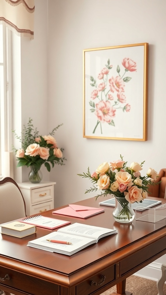 9 Chic Feminine Home Office Ideas for a Stylish Workspace 8 A feminine home office with floral accents, featuring a bouquet of pink roses on a wooden desk and floral wall art.